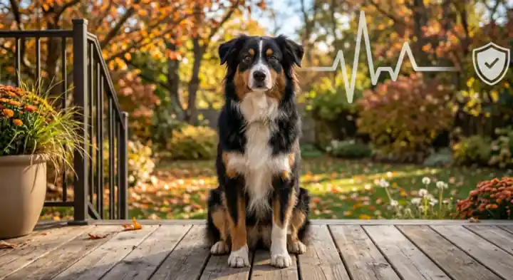 Tricolor Australian shepherd sitting on a deck in autumn