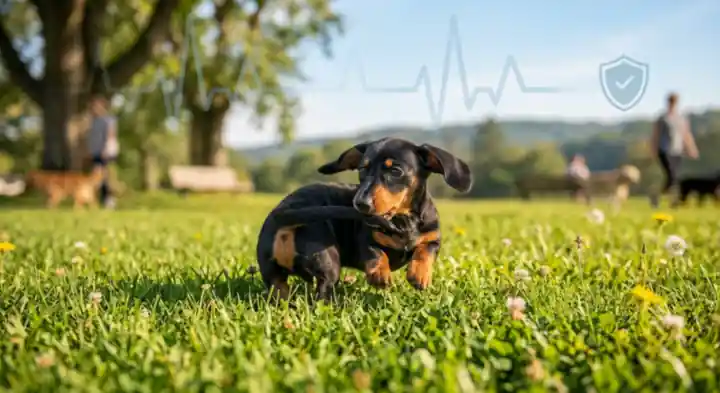 Black and tan dachshund puppy playing on a lawn