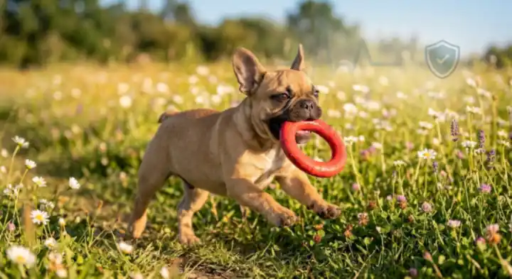 Fawn French bulldog puppy running through a meadow with a red ring toy