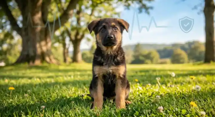 German shepherd puppy sitting in a sunny park