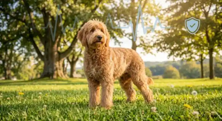 Apricot goldendoodle standing on a lawn under trees