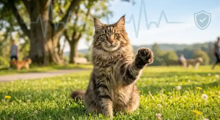 Tabby Maine coon cat raising a paw in a park
