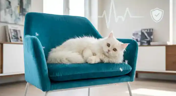 White Persian cat lying on a teal armchair
