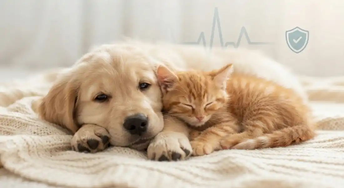 Golden puppy and gray kitten sleeping together on a blanket
