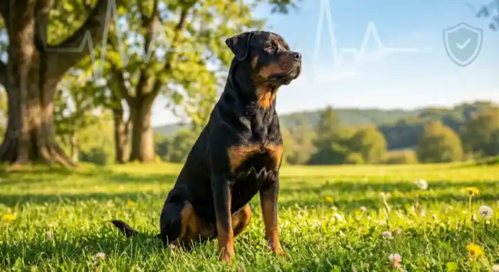Rottweiler sitting in a sunny meadow