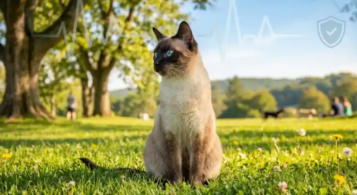 Siamese cat with blue eyes sitting in a park